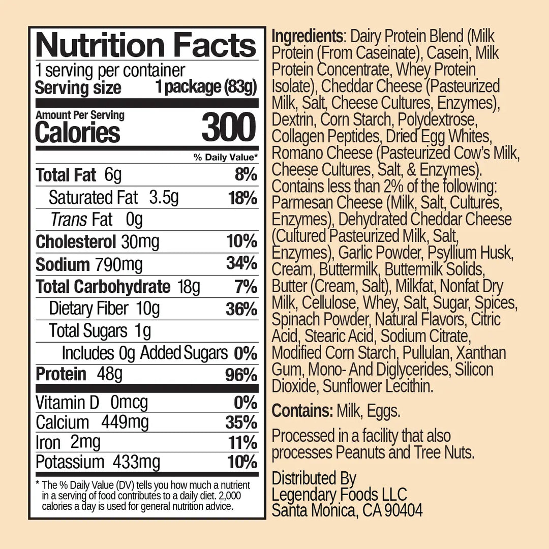 Nutrition facts and ingredient panel showing 300 calories, 48g protein, 8g net carbs, and dairy-based protein blend ingredients.