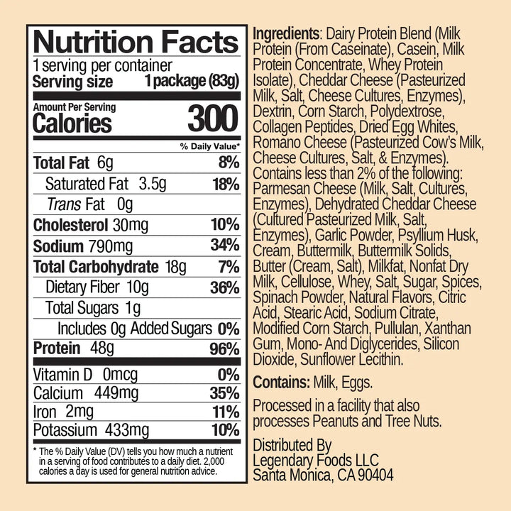 Nutrition facts and ingredient panel showing 300 calories, 48g protein, 8g net carbs, and dairy-based protein blend ingredients.