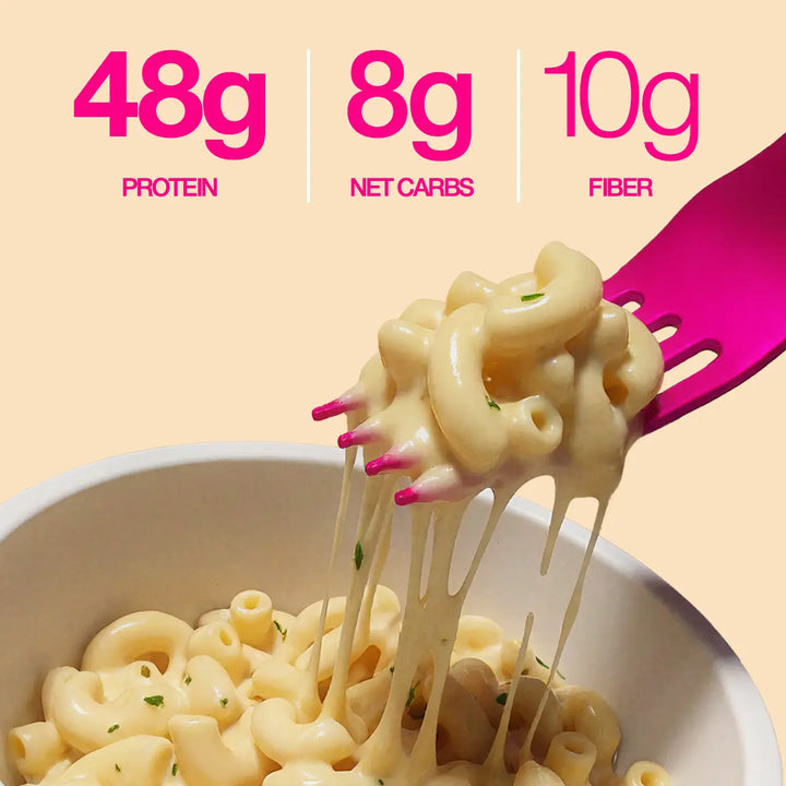 Close-up of cheesy pasta on a fork with melted cheese stretch, highlighting 48g protein, 8g net carbs, and 10g fiber.