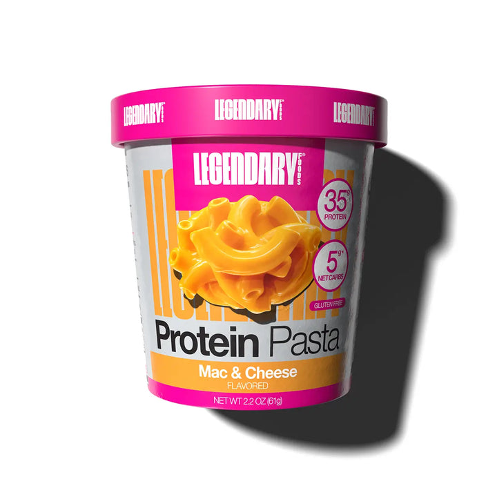 Legendary Foods Protein Pasta Mac & Cheese cup with 35g protein, 5g net carbs, gluten free, magenta lid packaging