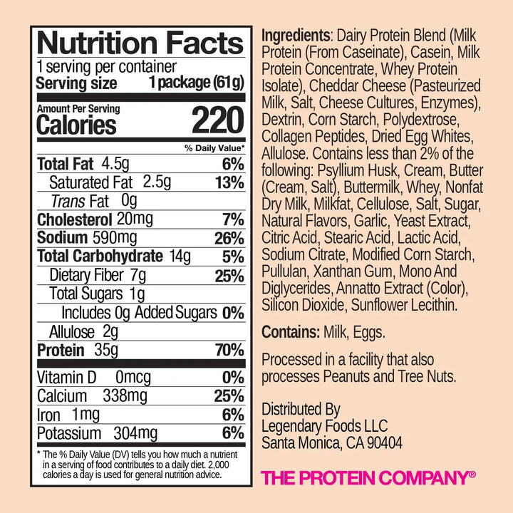 Nutrition facts and ingredient list for Legendary Protein Pasta Mac & Cheese showing 35g protein, 220 calories, 5g net carbs