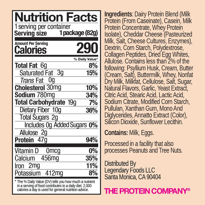 Nutrition facts and ingredient panel for Legendary Foods mac and cheese protein pasta, including protein, calories, and ingredient list.