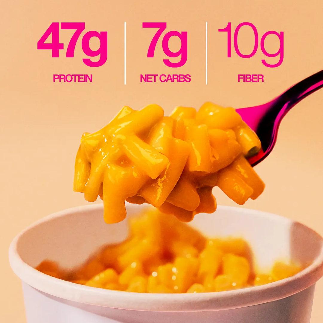 Close-up of macaroni and cheese on a fork above a cup with text highlighting 47g protein, 7g net carbs, and 10g fiber.