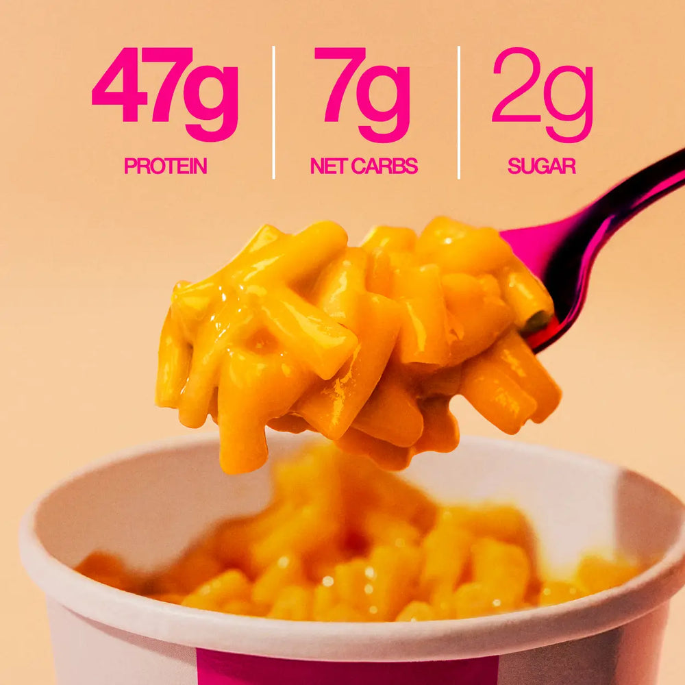 macronutrient highlights for protein mac & cheese. 47g protein, 7g net carbs, and 2g sugar.
