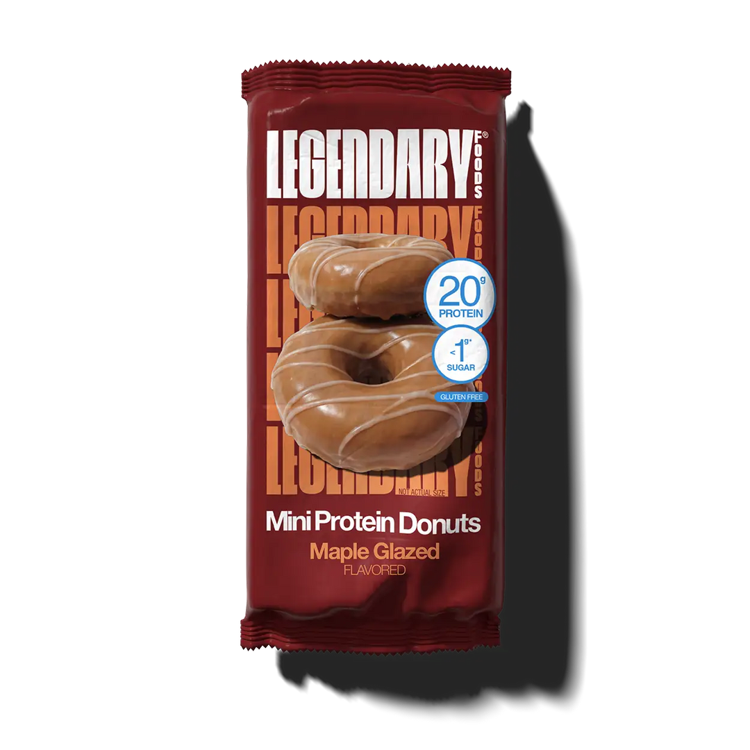 Legendary Foods Maple Glazed Mini Protein Donuts in an individual red package, featuring 20g protein, less than 1g sugar and gluten free.