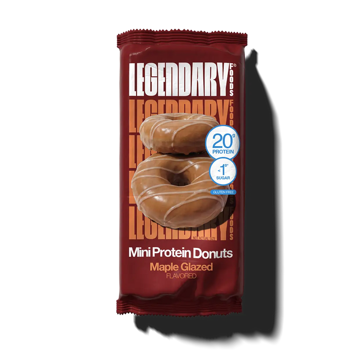 Legendary Foods Maple Glazed Mini Protein Donuts in an individual red package, featuring 20g protein, less than 1g sugar and gluten free.