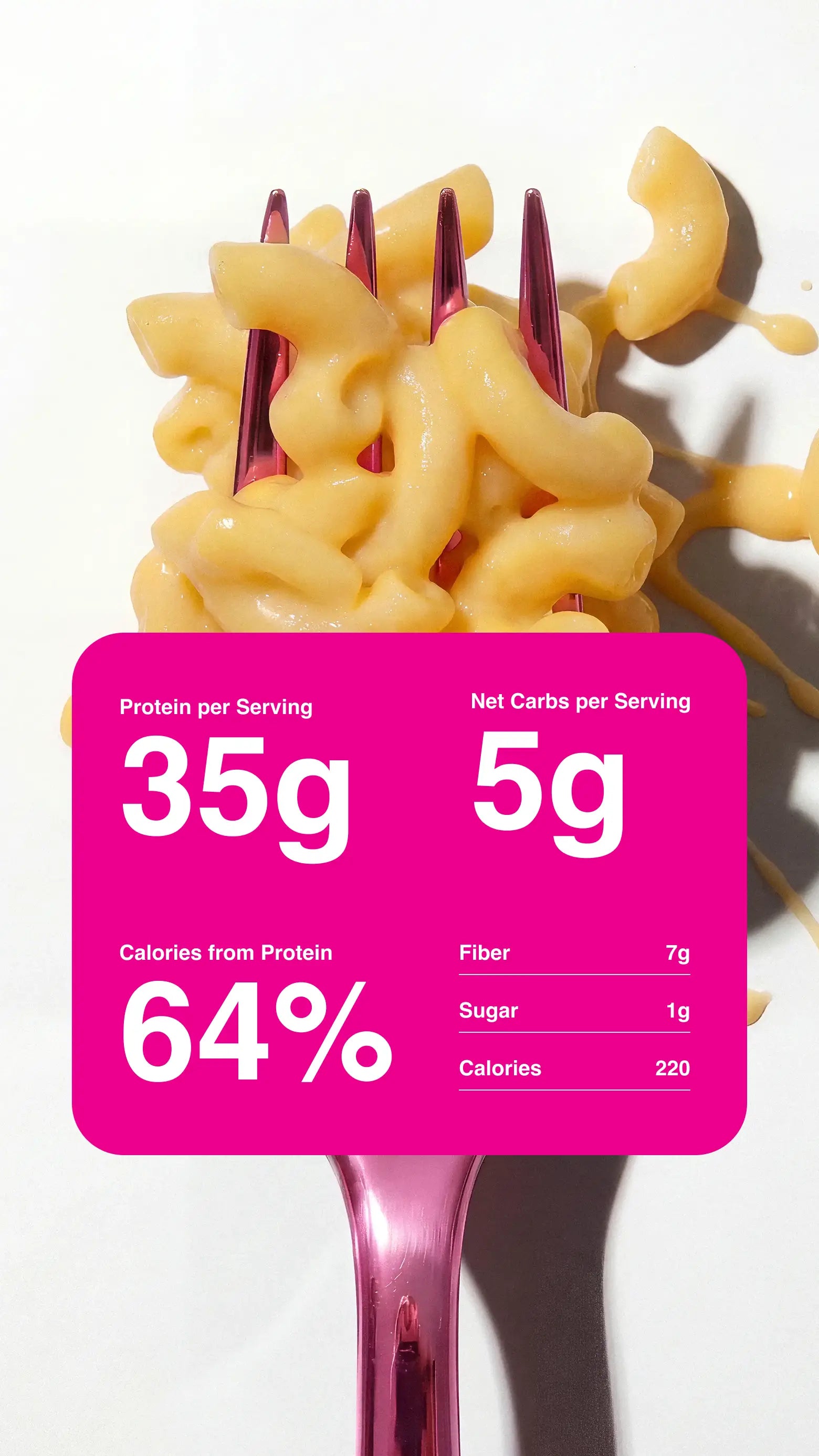 Zoomed in product photography with nutrition information for Mac & Cheese Legendary Protein Pasta