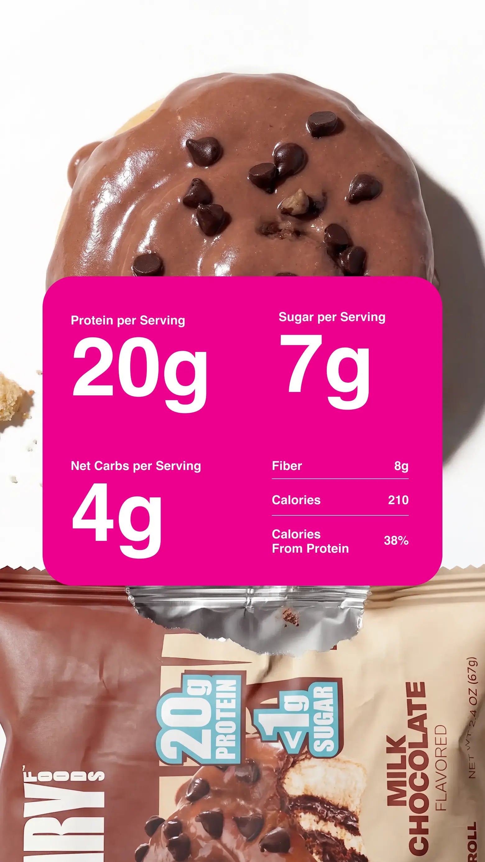 Zoomed in product photography with nutrition information for the Milk Chocolate Protein Sweet Roll