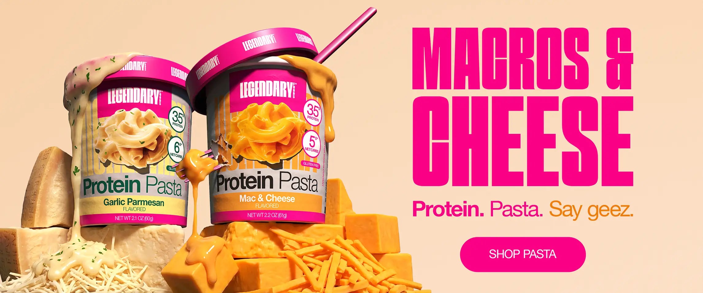 Two containers of Protein Pasta with cheese and noodles on a beige background