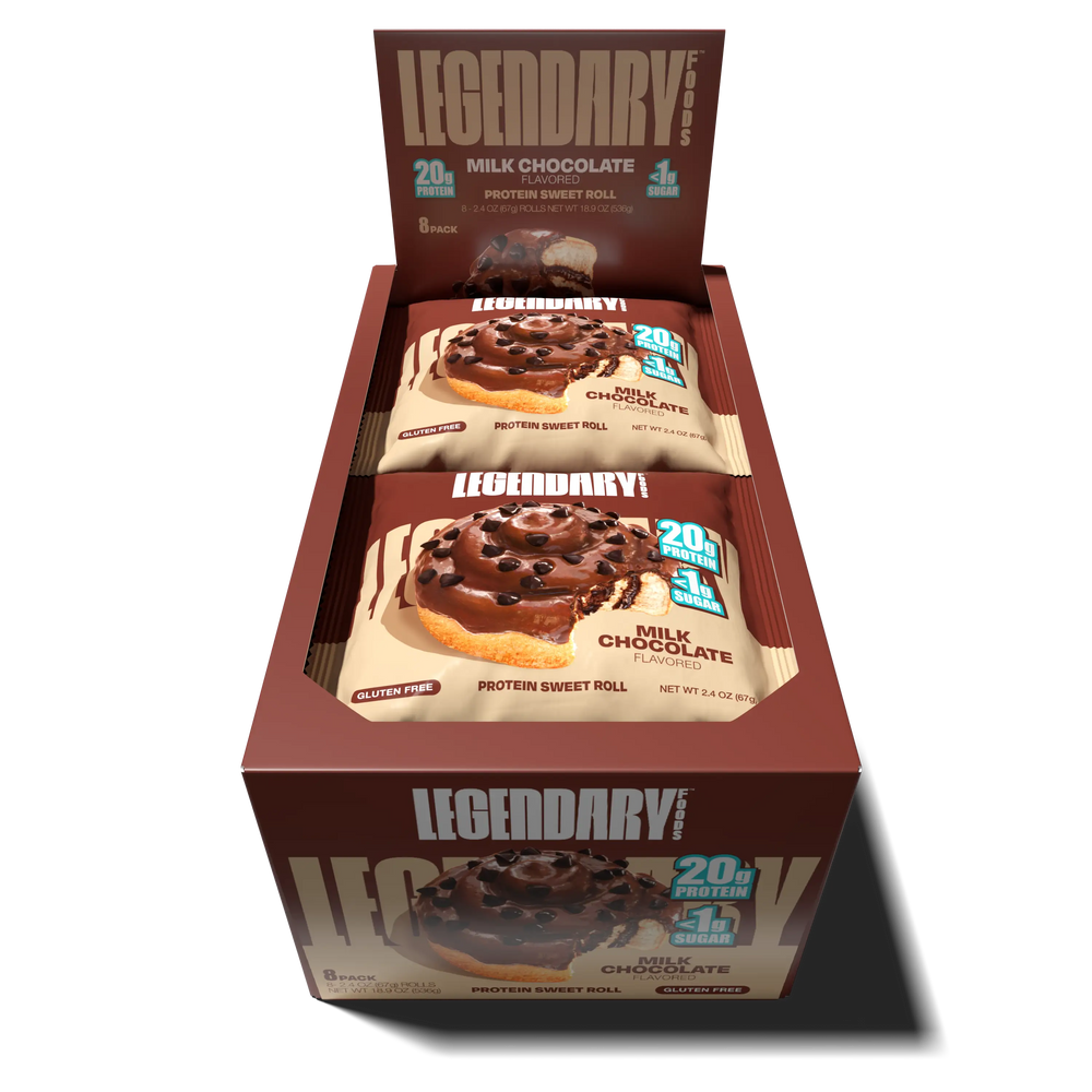Top down view of an open box of Legendary Foods Milk Chocolate Protein Sweet Roll 