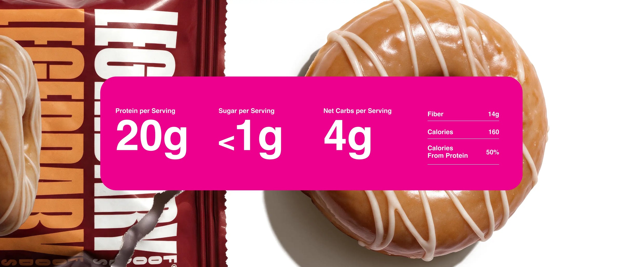 Legendary Foods Maple Protein Donut with maple glaze and white drizzle beside the package. Nutrition callout: 20g protein, less than 1g sugar, 4g net carbs, 14g fiber and 160 calories per serving.