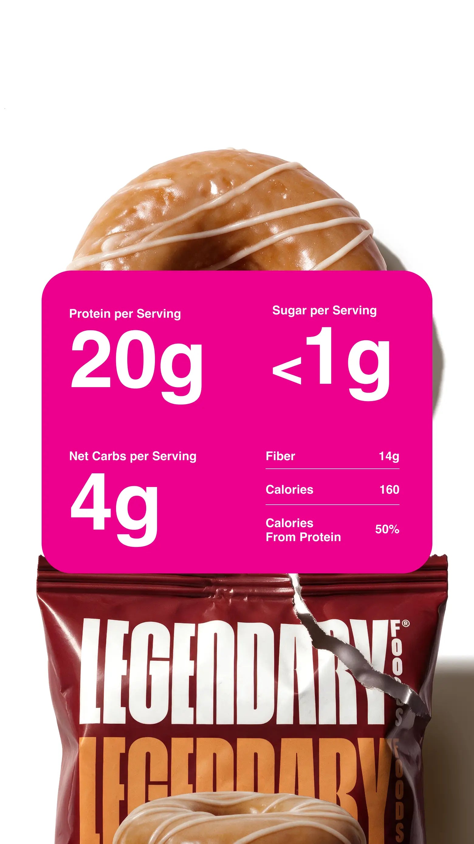 Legendary Foods Maple Protein Donut above the package. Nutrition callout: 20g protein, less than 1g sugar, 4g net carbs, 14g fiber and 160 calories per serving.