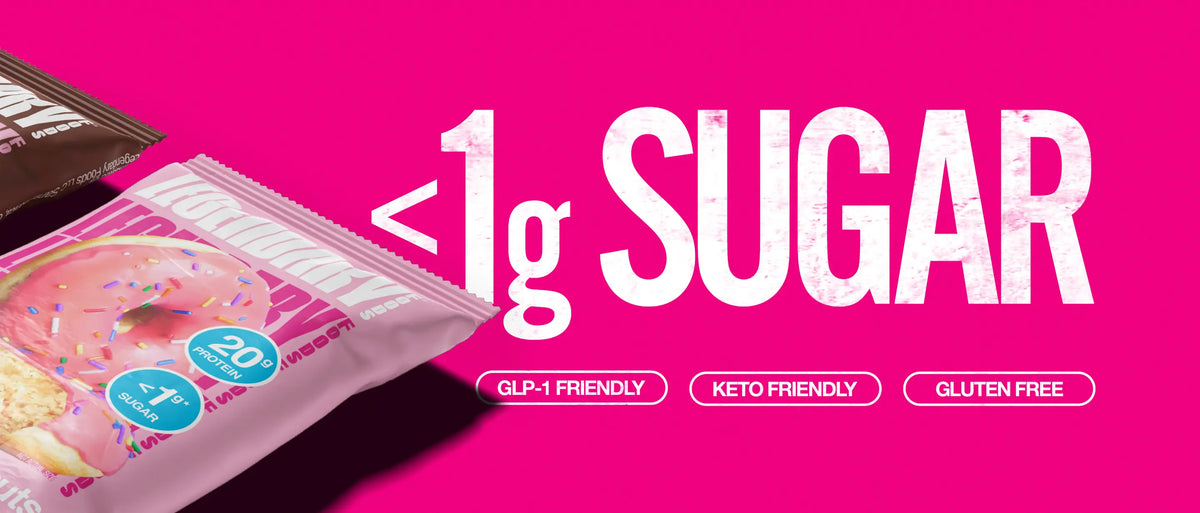 Pink Sprinkle Mini Protein Donuts with bold text “<1g sugar” and badges for GLP-1 friendly, keto friendly, and gluten free