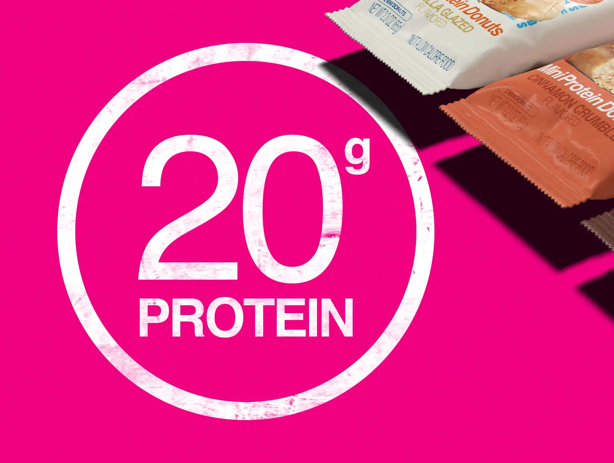 Close-up of 20g protein callout with Mini Protein Donuts packaging partially visible on pink background