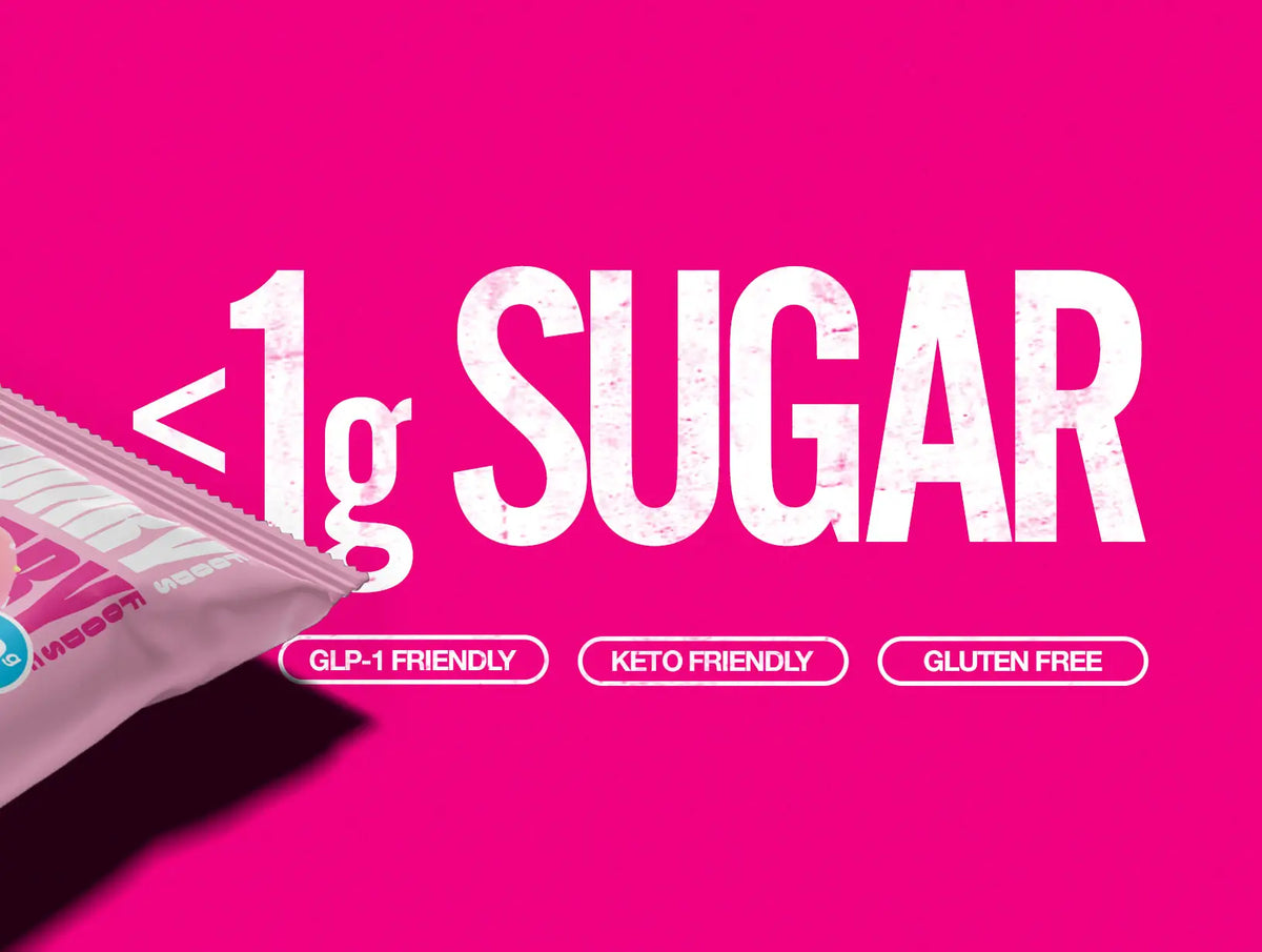 Pink background with bold “<1g sugar” text and product badges for GLP-1 friendly, keto friendly, and gluten free