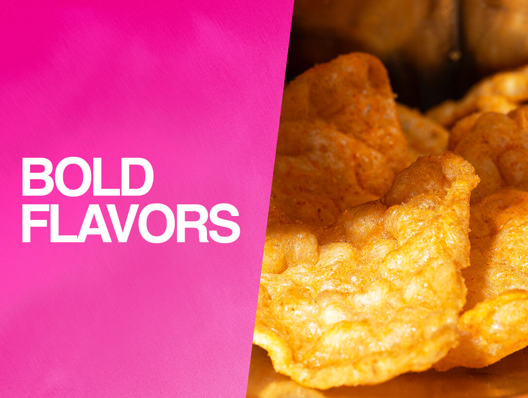 Golden, crunchy chips on the right with bold pink text on the left reading “Bold Flavors.”