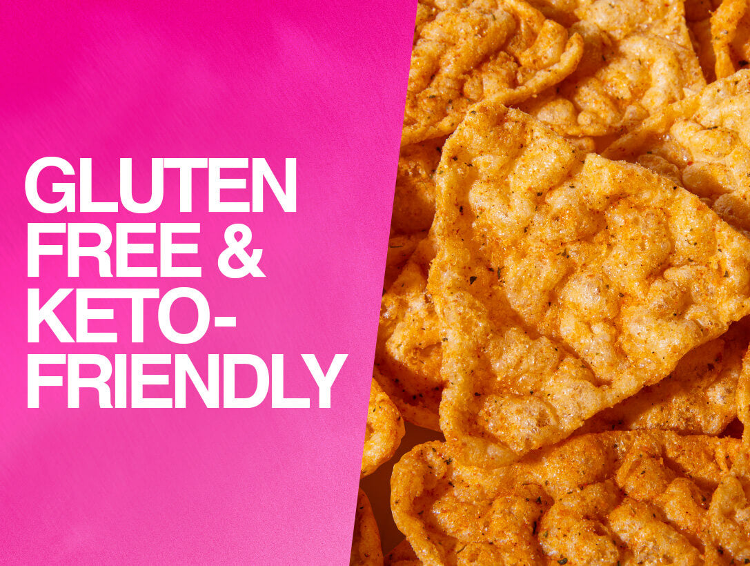 Seasoned chips next to bold pink text that highlights gluten-free and keto-friendly claims.