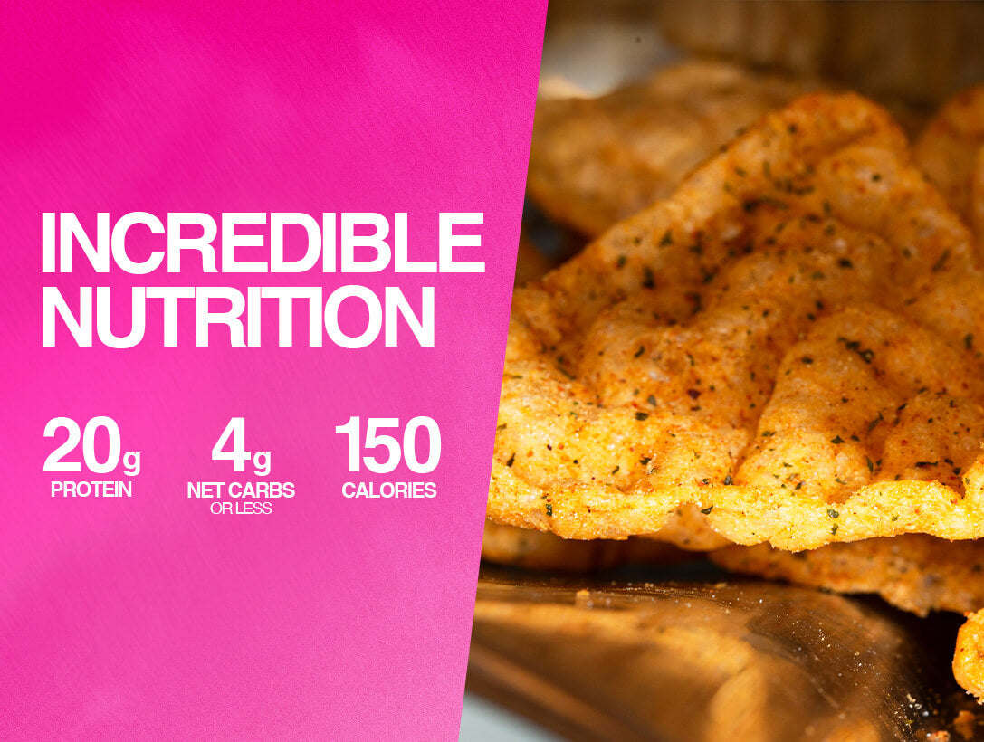 Seasoned protein chips beside pink text listing macros: 20g protein, 4g net carbs or less, and 150 calories.