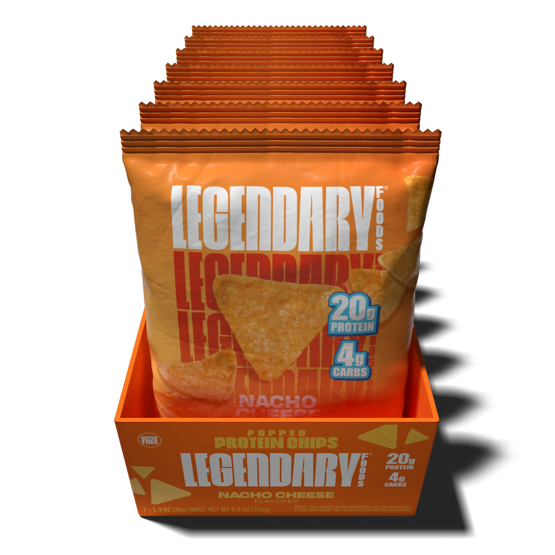 Top down view of an open box of Legendary Foods Nacho Cheese Popped Protein Chips
