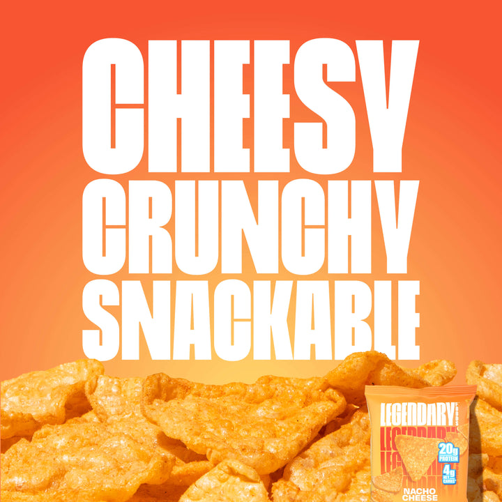 Bold white text reads 'CHEESY CRUNCHY SNACKABLE' on a gradient orange background, creating an eye-catching effect. Below the text, a pile of crunchy, cheese-flavored protein chips is shown, with a small bag of 'Legendary Foods Nacho Cheese Chips' displaying nutritional information: 20g protein and 4g carbs