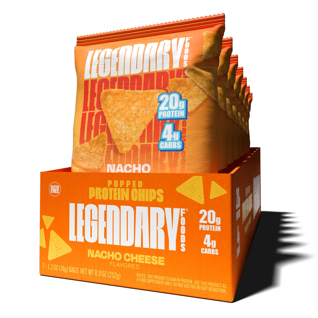 Box of Legendary Popped Protein Chips with nacho cheese flavor on white background