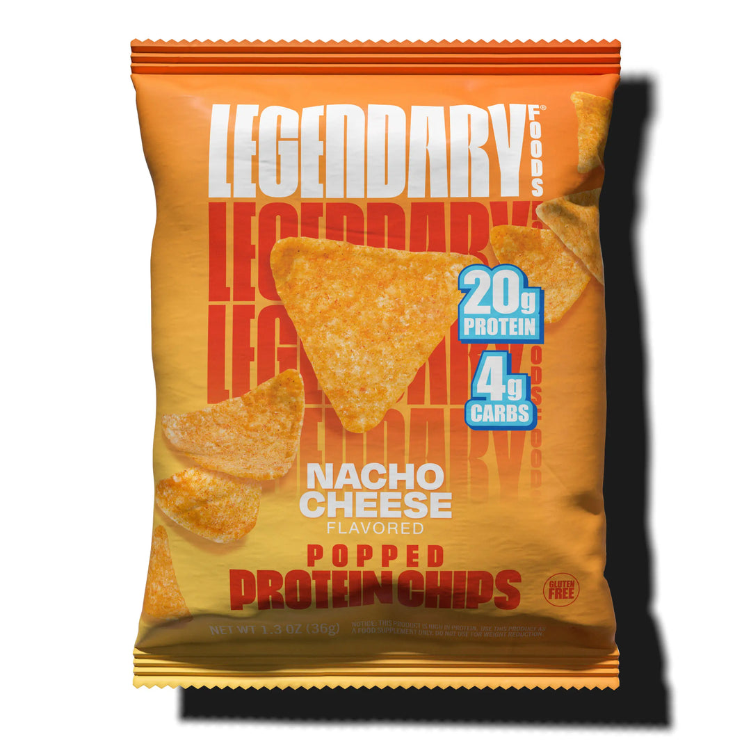 Packaging of Legendary Foods nacho cheese flavored popped protein chips on a white background
