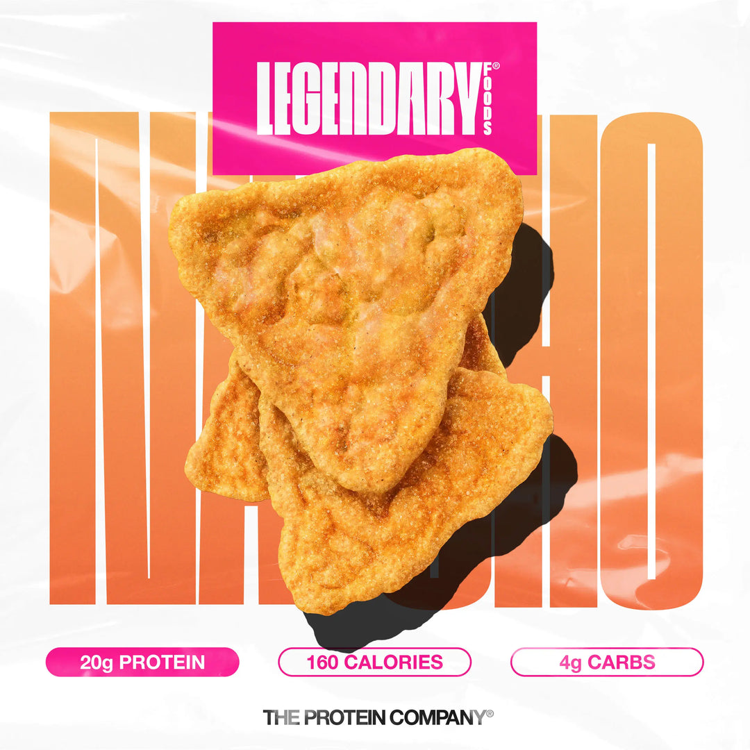 Close-up of nacho cheese protein chips stacked in center with pink Legendary Foods logo and macros: 20g protein, 160 calories, 4g carbs