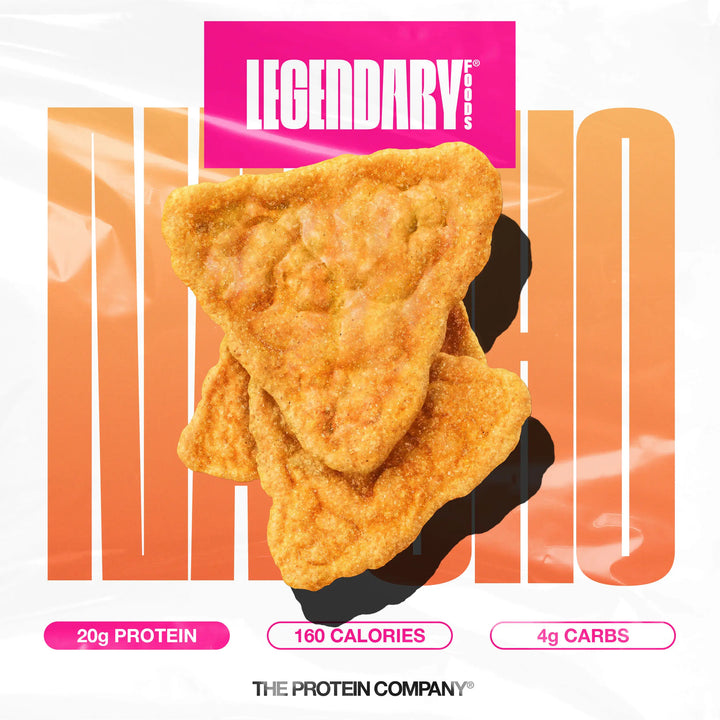 Close-up of nacho cheese protein chips stacked in center with pink Legendary Foods logo and macros: 20g protein, 160 calories, 4g carbs