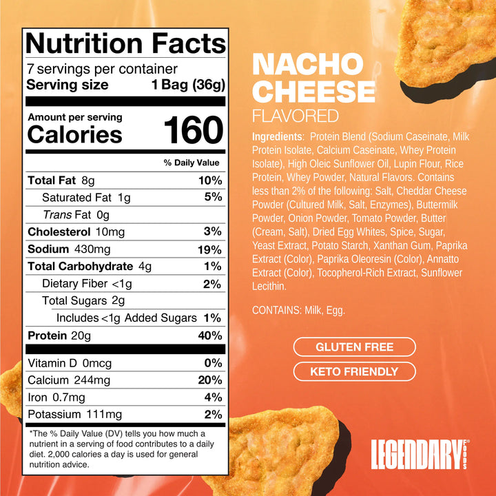 Nutrition facts panel for nacho cheese protein chips showing 160 calories, 20g protein, 4g carbs, and ingredient list with gluten-free and keto-friendly callouts