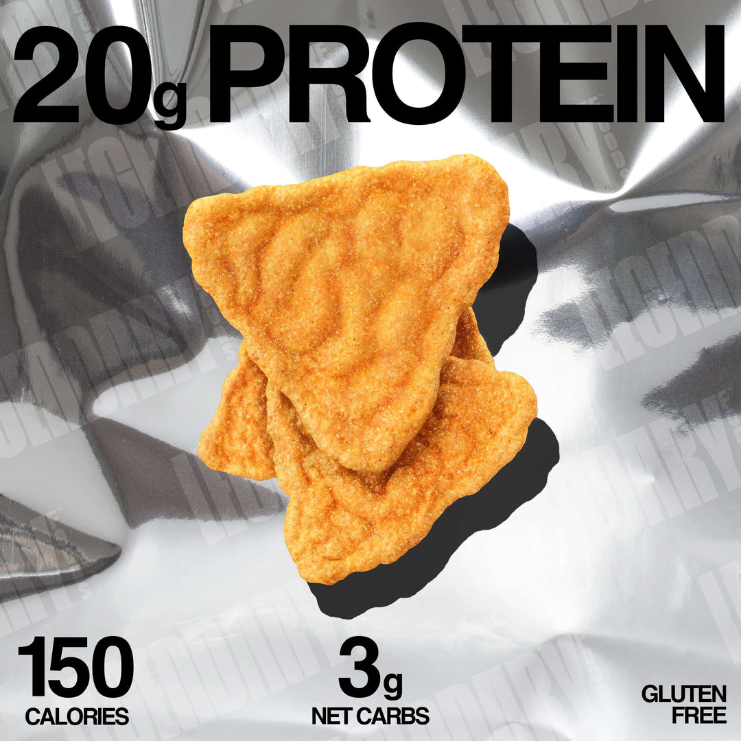 Three golden Nacho Cheese Popped Protein Chips on a shiny silver background with text showing 20g protein, 150 calories, and 3g net carbs.