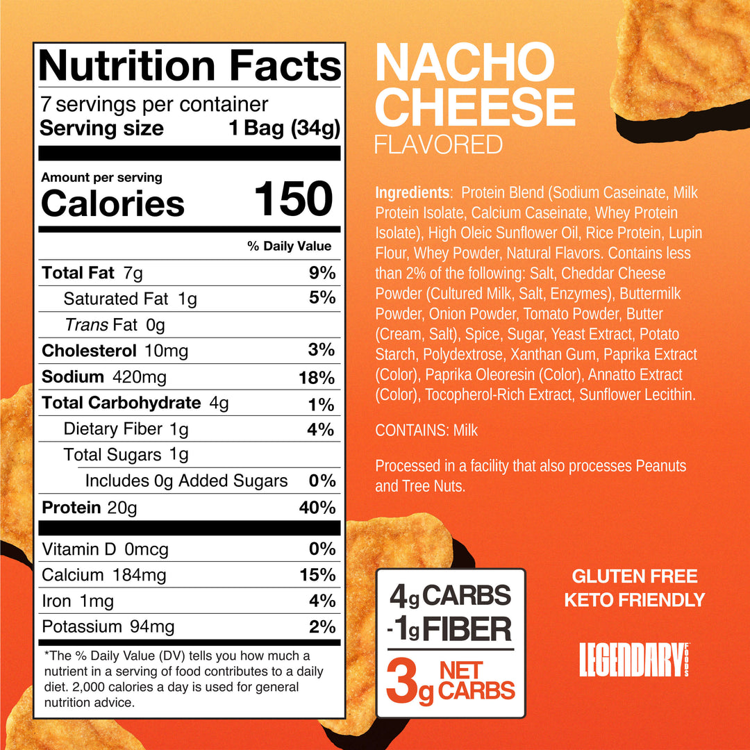 Nutrition label and ingredients for Nacho Cheese Popped Protein Chips, showing 150 calories, 20g protein, and 3g net carbs per bag.