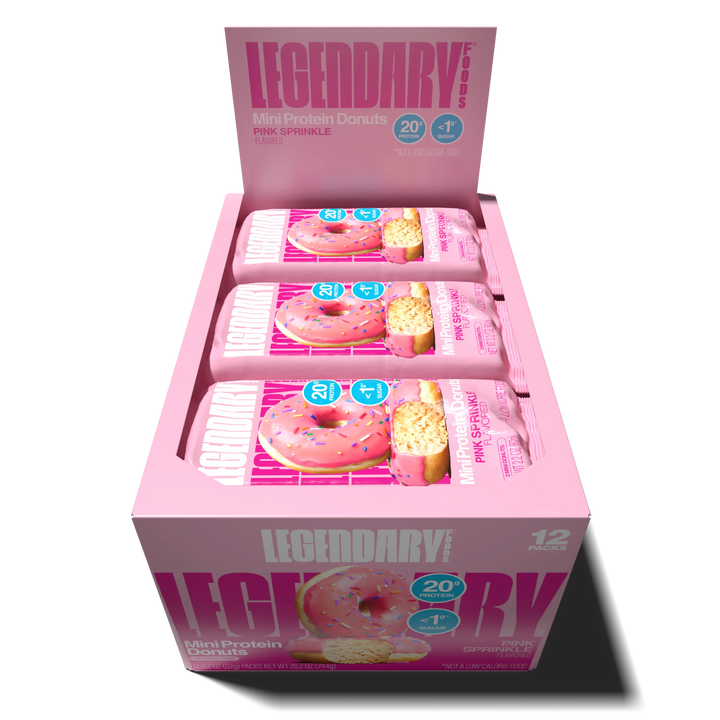 Top down view of an open box of Legendary Foods Pink Sprinkle Mini Protein Donuts