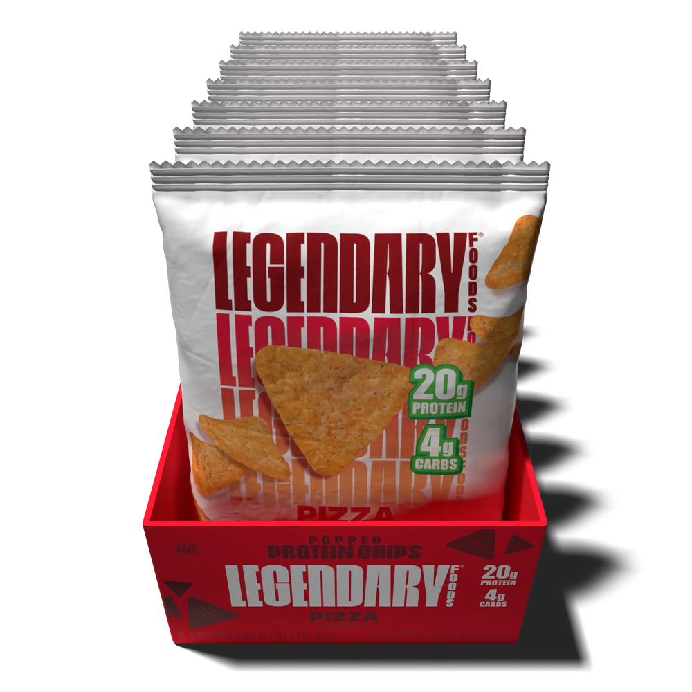 Top down view of an open box of Legendary Foods Pizza Popped Protein Chips