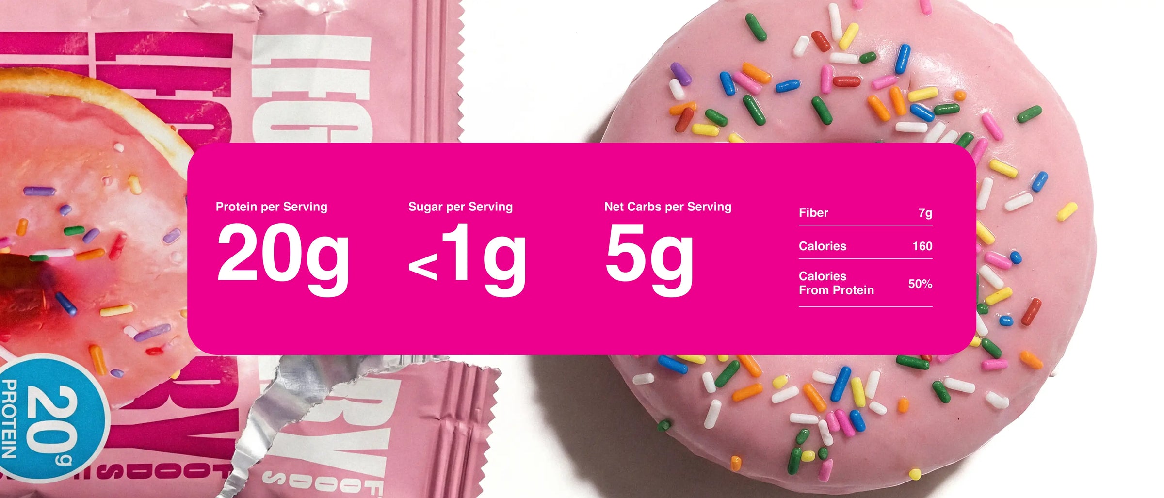 Zoomed in product photography with nutrition information for the Pink Sprinkle Donut