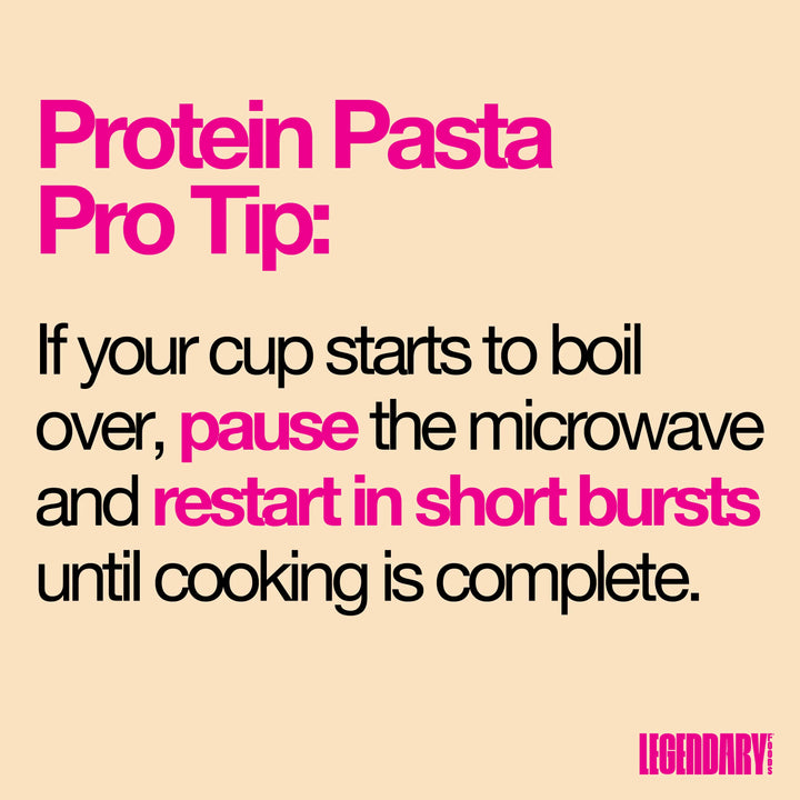 Protein pasta tip graphic advising users to pause and restart the microwave in short bursts if the cup begins to boil over.