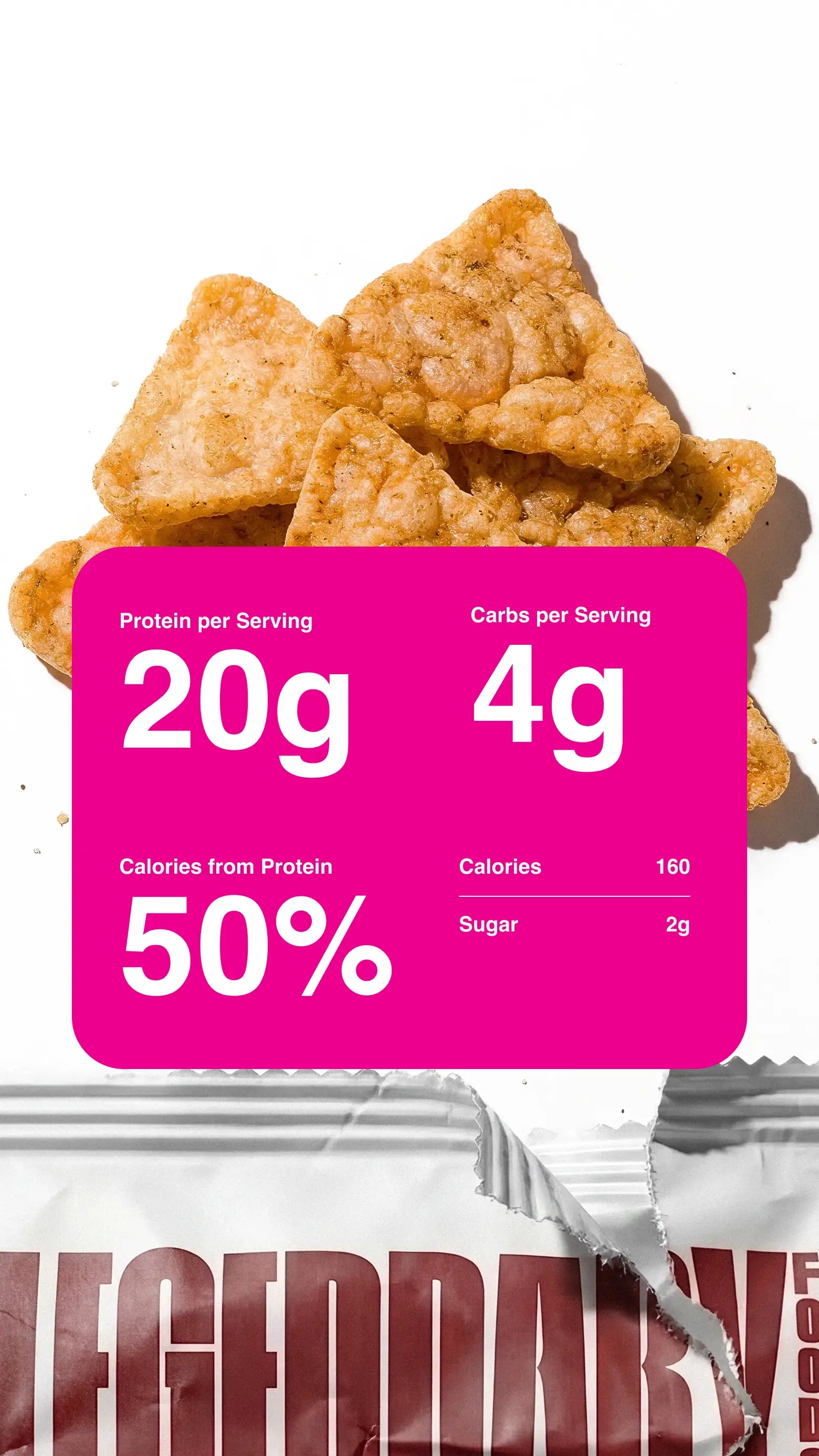 Zoomed in product photography with nutrition information for the Pizza chip