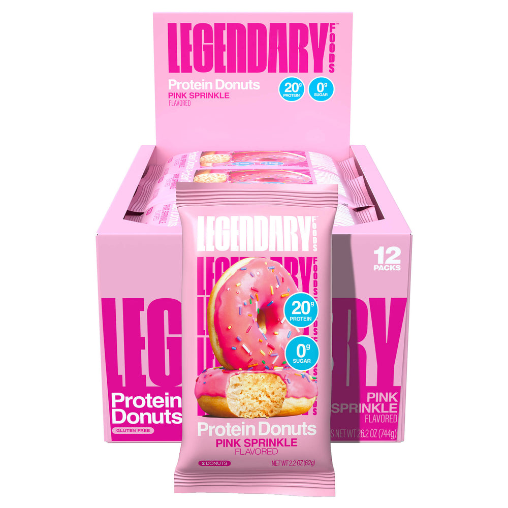 Display box of Pink Sprinkle Protein Donuts by Legendary Foods with a pouch featuring a donut image and 20g protein, 0g sugar callouts.