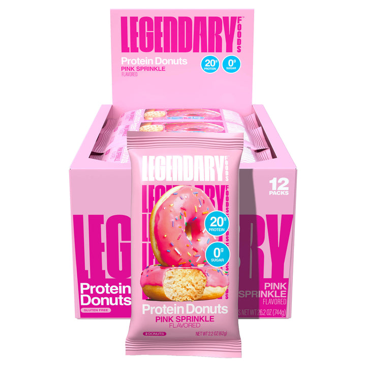 Display box of Pink Sprinkle Protein Donuts by Legendary Foods with a pouch featuring a donut image and 20g protein, 0g sugar callouts.