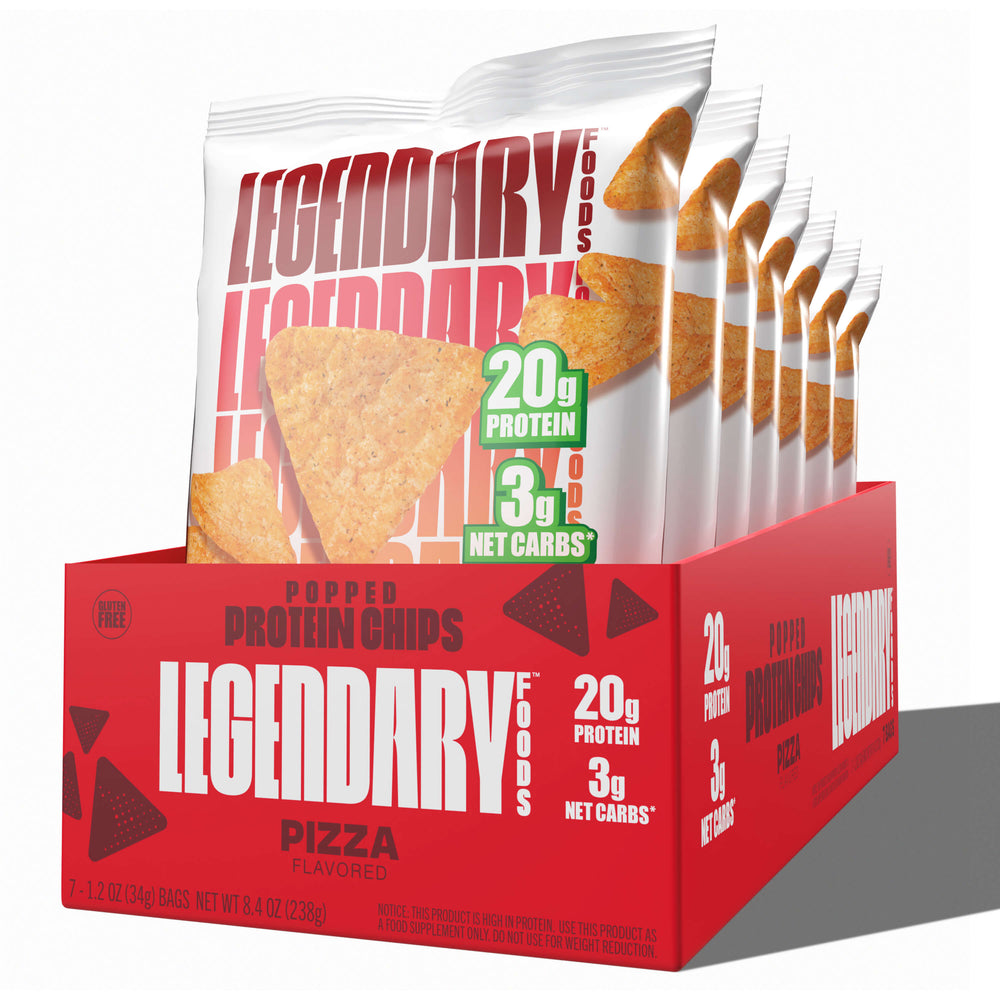 Display box of Legendary Foods Pizza Popped Protein Chips with 20g protein and 3g net carbs per bag.