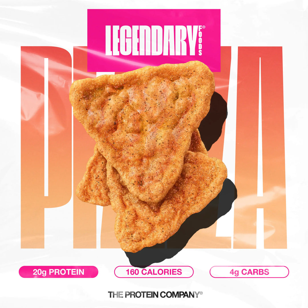 Pizza protein chips with 20g protein, 160 calories, and 4g carbs on a bold white and pink macro graphic.