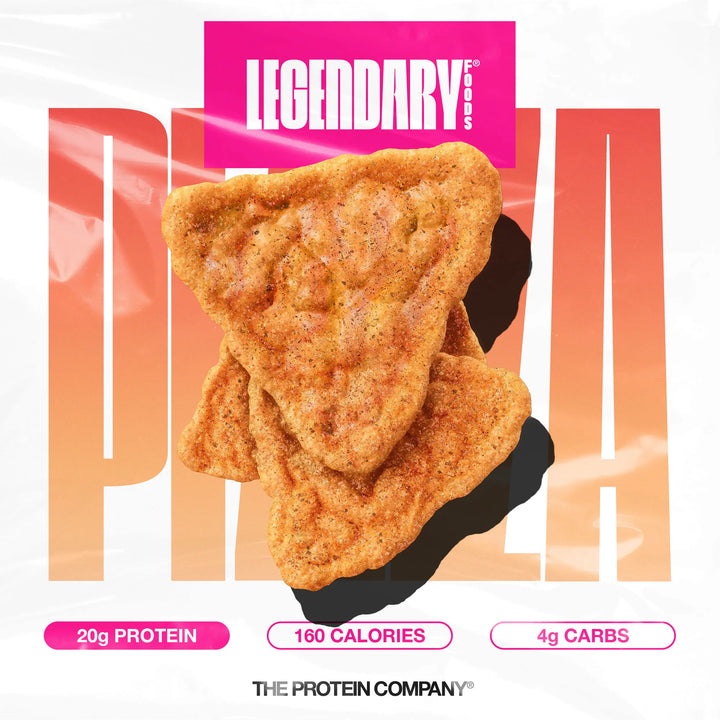 Pizza protein chips with 20g protein, 160 calories, and 4g carbs on a bold white and pink macro graphic.