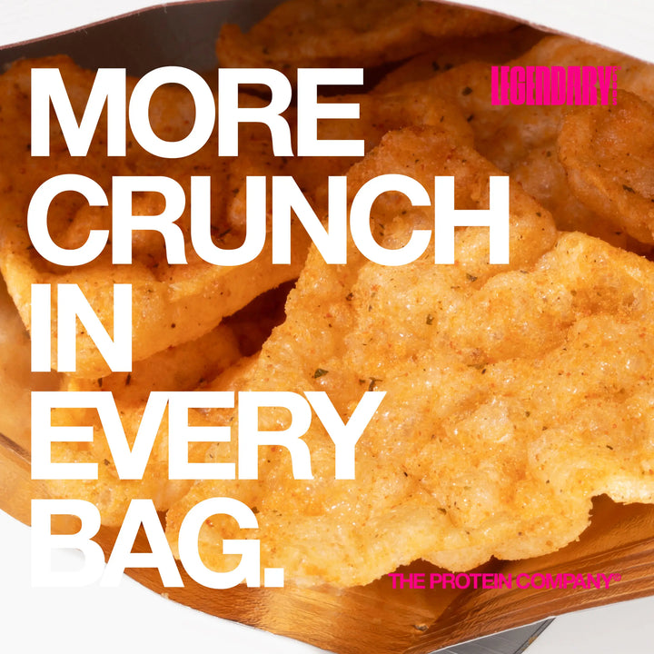 Close up of pizza protein chips with large text reading “More crunch in every bag.”