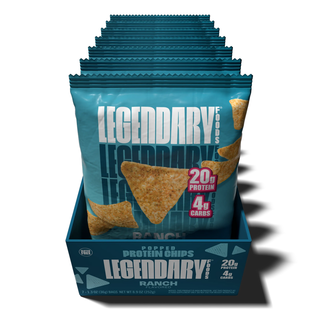 Top down view of an open box of Legendary Foods Ranch Popped Protein Chips