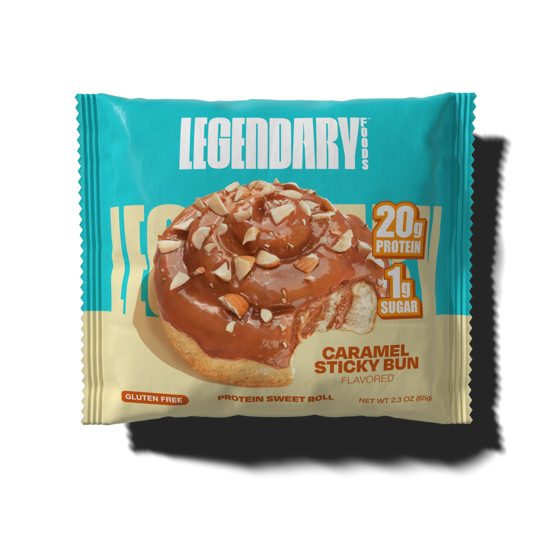 Package of Caramel sticky bun protein sweet roll