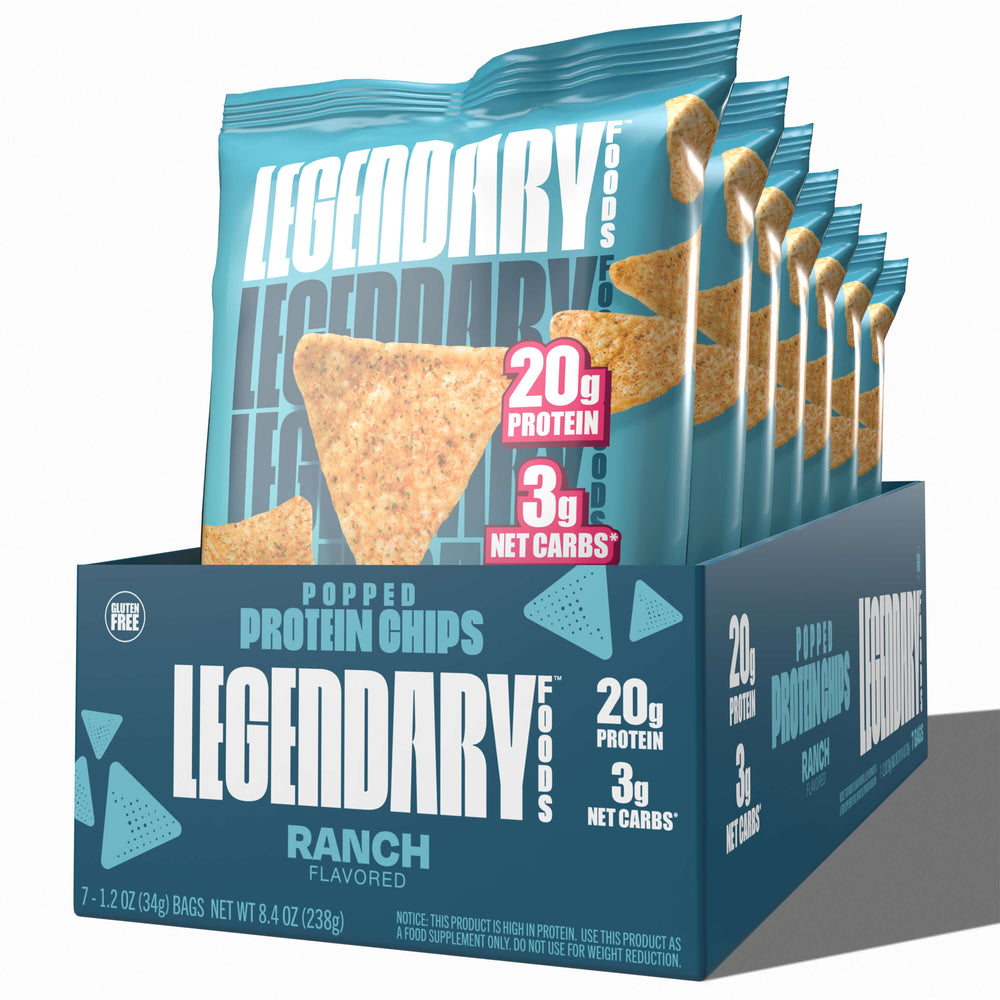 Display box of Legendary Foods Ranch Popped Protein Chips with 20g protein and 3g net carbs per bag.