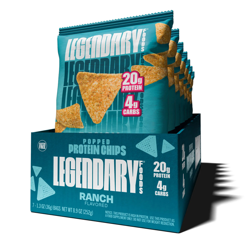 Seven-count box of Legendary Foods Ranch Flavored Popped Protein Chips with individual chip bags inside, featuring 20g protein and 4g carbs per serving.