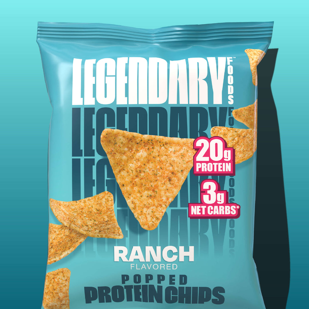 Bag of Legendary Foods Ranch Popped Protein Chips against a teal background showing 20g protein and 3g net carbs.