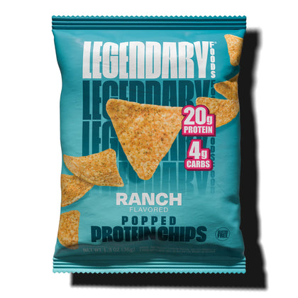 Single bag of Legendary Foods Ranch Flavored Popped Protein Chips showing seasoned triangle-shaped chips, with 20g protein and 4g carbs per bag.