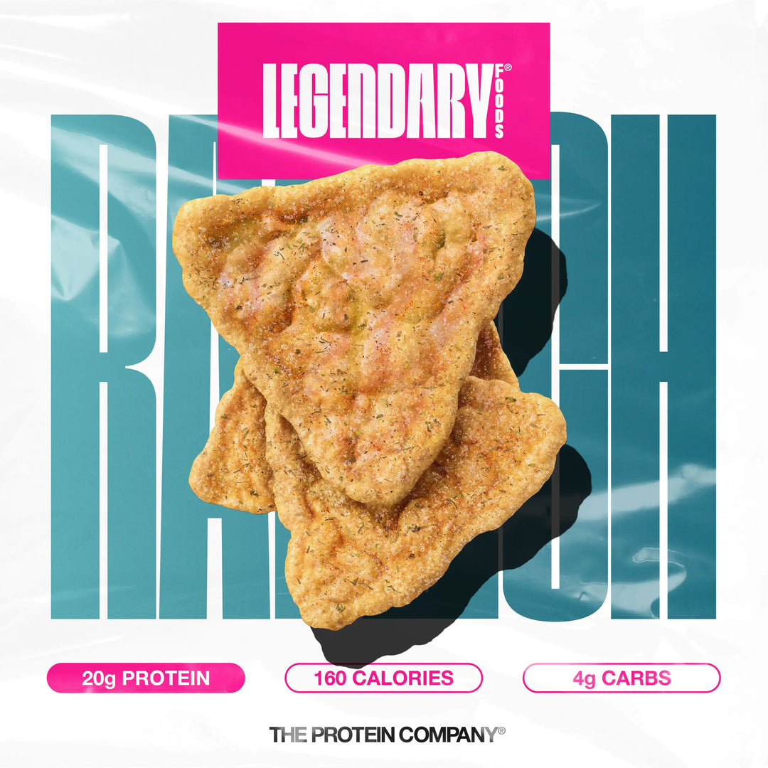 Legendary Foods Ranch Popped Protein Chips product graphic featuring chips with 20g protein, 160 calories, and 4g carbs.