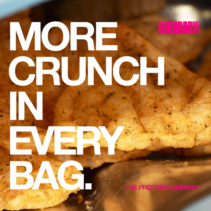 Close-up image of seasoned Ranch Popped Protein Chips with text reading “More crunch in every bag.”